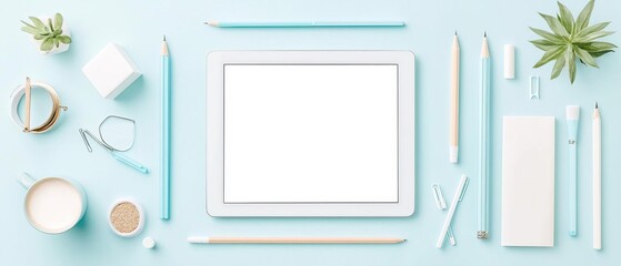 A flat lay of office supplies arranged around a tablet displaying a blank screen, ideal for promoting social media presence and digital identity