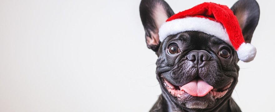 French Bulldog with Tongue Sticking Out and Eyes Crossed, Wearing a Christmas Hat, Close-Up for Comedic Effect