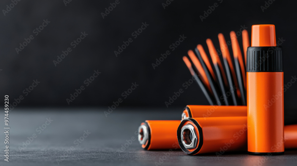 Poster a group of orange markers neatly arranged in a fan-like pattern on a dark surface, with one marker s