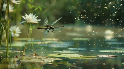 Dragonfly over the pond close up