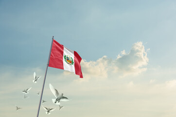 Peru flag waving with flying doves in beautiful sky. Peru flag for Republic Day and Independence Day.
