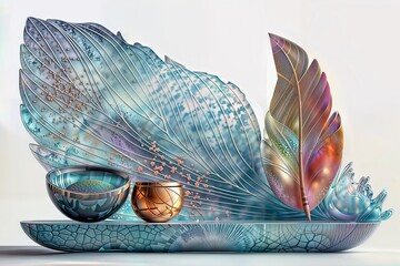 Ethereal Nature. Stylized digital artwork of oversized leaves and spheres in iridescent colors, blending natural and surreal elements.