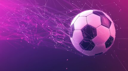 Naklejka premium A digital soccer ball in motion against a purple-pink gradient background, featuring dynamic lines and abstract geometric shapes.