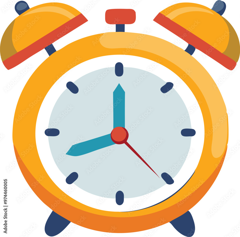 Poster an alarm clock illustration displaying the time, featuring a cheerful design with bright colors and 