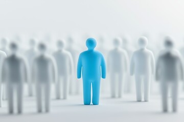 Individual Blue figure stands out among white figures, symbolizing unique characteristics, qualities, advantageous or negative difference, chosen perfect candidate, white background.