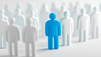 Individual Blue figure stands out among white figures, symbolizing unique characteristics, qualities, advantageous or negative difference, chosen perfect candidate, white background.