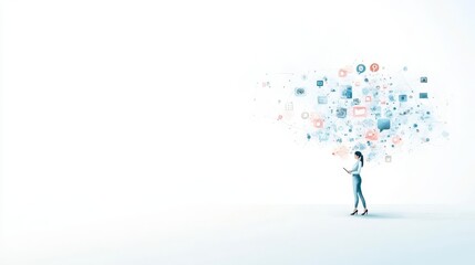 A professional business setting with a person working on a tablet, showcasing social media presence The scene has ample copy space for text overlays