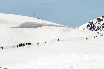 Walking way in snow mountains