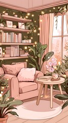 Fototapeta premium Cozy Living Room with Pink Armchair and Side Table, Decorated with Plants and String Lights.