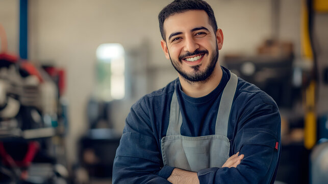 Cheerful middle eastern male mechanic smiling confidently with arms crossed in a workshop environment filled with tools and equipment