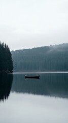 A Single Canoe on a Still Lake with a Forest in the Background.