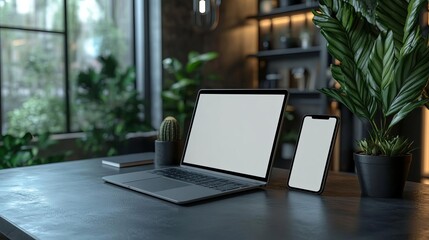 A professional workspace with a laptop and smartphone, both displaying blank screens for text The image represents social media presence and remote teamwork