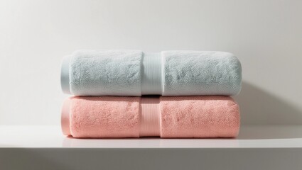 Stacked Pastel Towels in Soft Blue and Pink on White Surface

