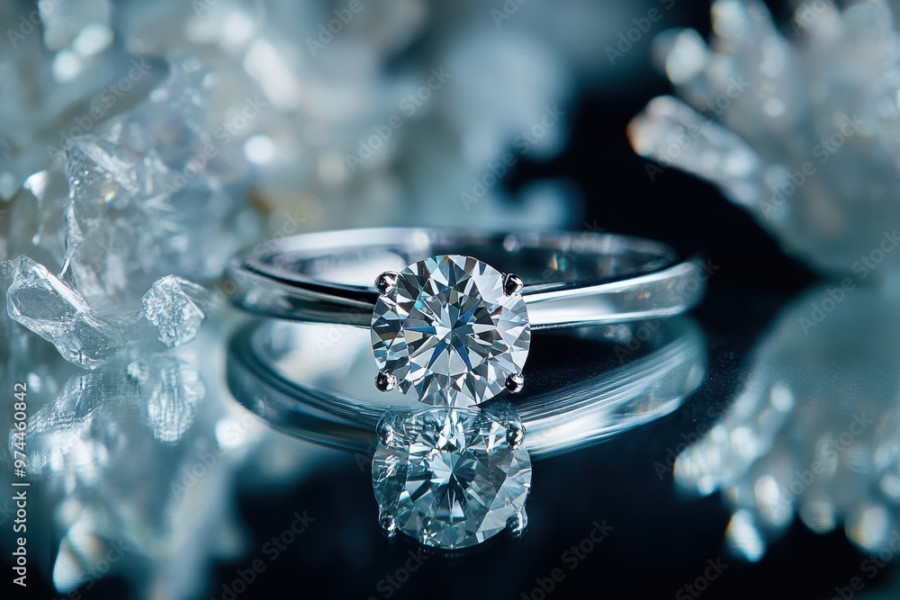 Poster a close-up of a diamond ring reflecting on a surface, surrounded by crystal-like objects.