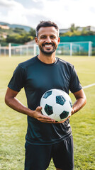 A happy brazilian soccer coach is smiling while holding a soccer ball on a sunny field surrounded by goal posts