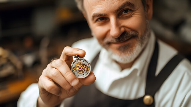 A happy watchmaker proudly holds a tiny watch component with intricate details in a warm workshop setting - Powered by Adobe