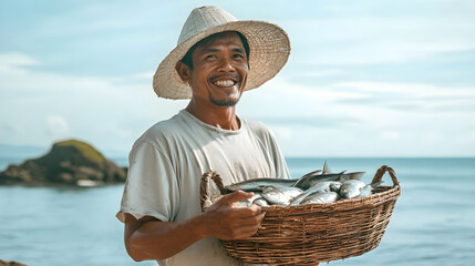 A smiling filipino fisherman holds a basket of freshly caught fish by the beach, showcasing pride and connection to his vibrant culture
