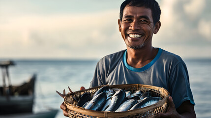 A smiling filipino fisherman holds a basket filled with fresh fish, showcasing his catch against a serene seascape background