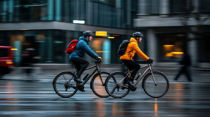 Two cyclists dressed for cold weather ride down a rainy city street, emphasizing commuting and urban cycling.