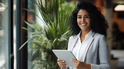 Smiling young Latina businesswoman holding a tablet in a modern office setting surrounded by greenery and natural light