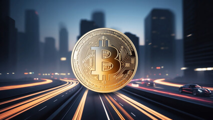 Blurred Lights of a Metropolis Surround a Sharp, Central Bitcoin Emblem, Emphasizing the Focus on Bitcoin