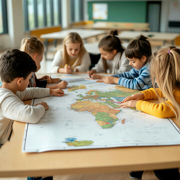 Primary students working together on a large map during geography class, hands-on exploration of the world, Geography education, Engagement