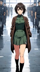 An anime girl in a striking green suit stands before a cage, exuding beauty and strength in her captivating pose