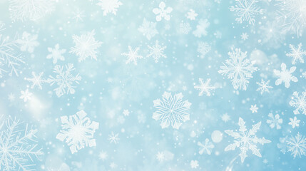 Delicate snowflakes scattered across a soft blue winter background, with varying sizes and intricate patterns