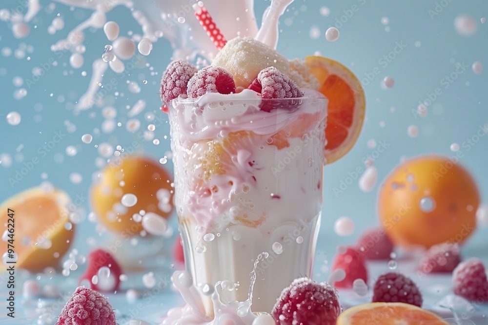 Poster milk splash with raspberries and oranges