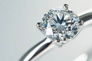 A close-up of a sparkling diamond engagement ring on a sleek band.