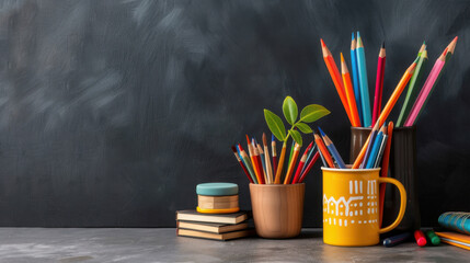 Assorted colored pencils organized in various cups against a blackboard background, emphasizing creativity and art supplies.