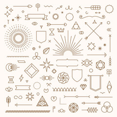 Set of linear thin line art deco boho retro vintage design elements. Geometric shapes, Outline symbols © Hollygraphic