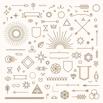 Naklejki Set of linear thin line art deco boho retro vintage design elements. Geometric shapes, Outline symbols