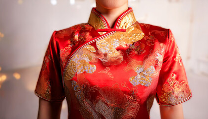 a woman dressed in a traditional red Chinese qipao a woman dressed in a traditional red Chinese qipao, rich red and gold tones that symbolize prosperity and good fortune in Chinese tradition, china
