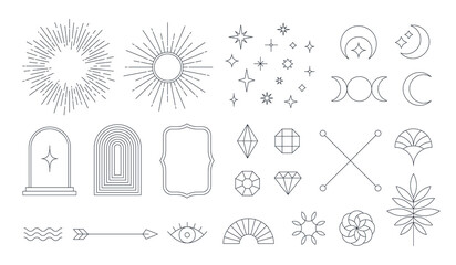 Set of linear thin line art deco boho retro vintage design elements. Geometric shapes, Outline symbols