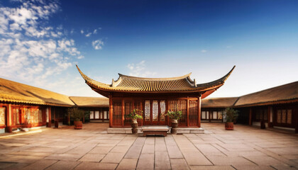 Fototapeta premium traditional Chinese architecture along a serene waterway, showcasing intricate wooden structures with curved roofs, vibrant red accents, ancient Chinese culture, architectural, history, travel
