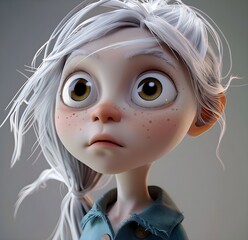 Animated girl with freckles and white hair, wide-eyed, concerned, fantasy style.