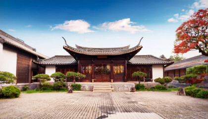 Fototapeta premium traditional Chinese architecture along a serene waterway, showcasing intricate wooden structures with curved roofs, vibrant red accents, ancient Chinese culture, architectural, history, travel