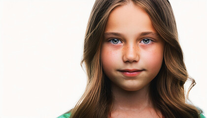 Obraz premium young American girl with long curly hair, smiling brightly. Her warm expression and natural beauty capture the innocence and joy of childhood