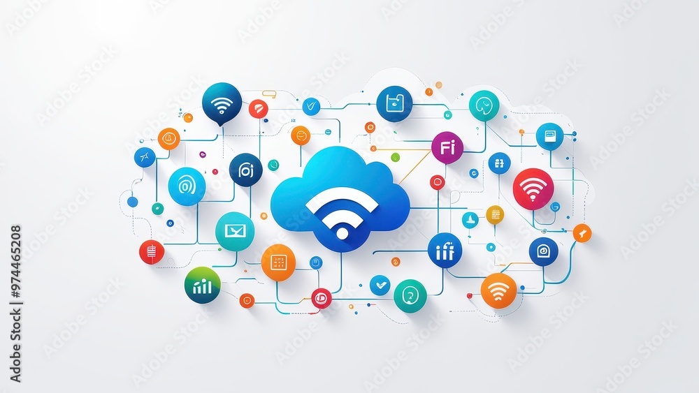 Aufkleber a graphic representation of cloud technology with various icons symbolizing connectivity and data ex