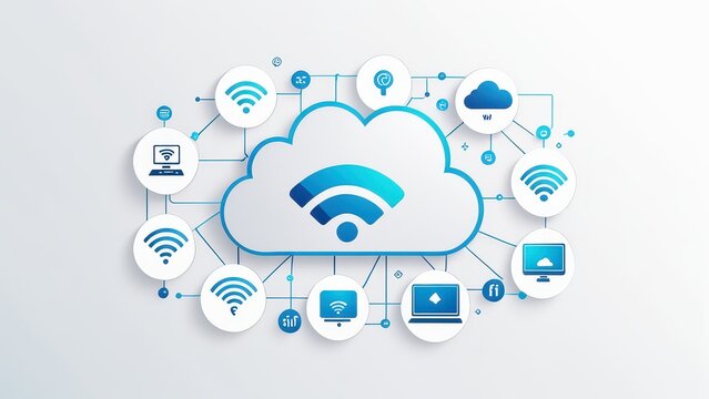 A graphic representation of cloud computing and connectivity with various icons related to technology and data transfer.