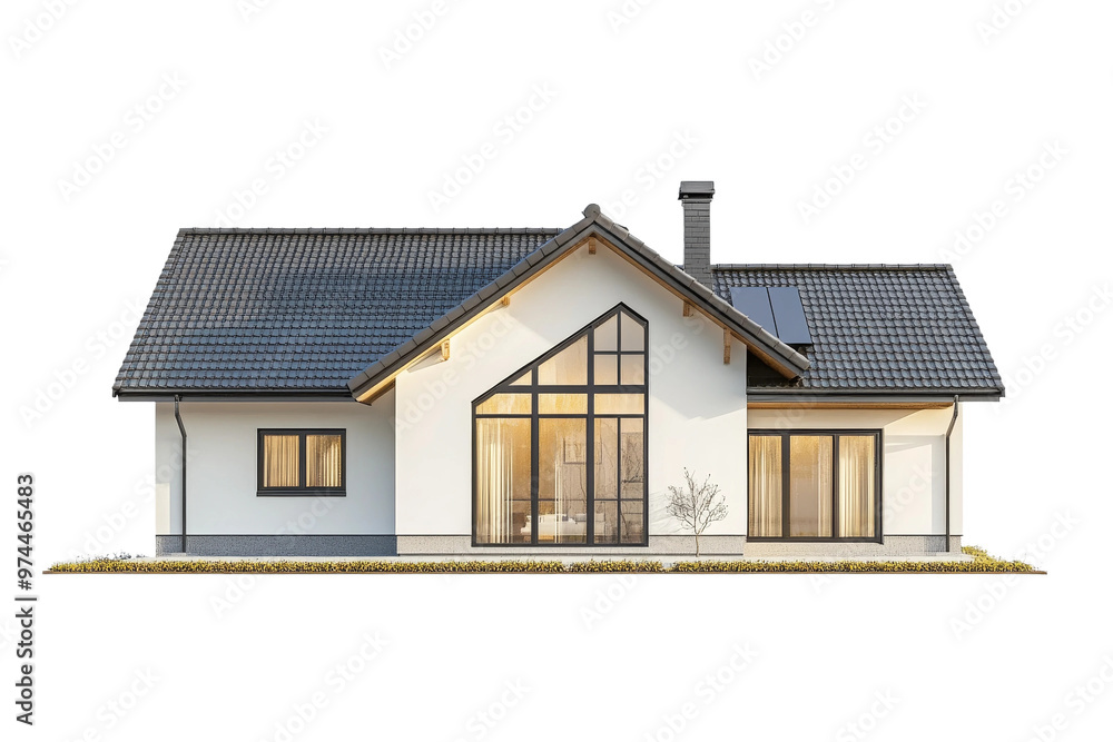 Poster modern residential house design featuring large windows and a symmetrical structure on a transparent