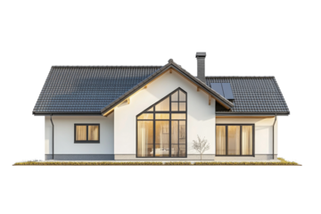 Modern residential house design featuring large windows and a symmetrical structure on a transparent background