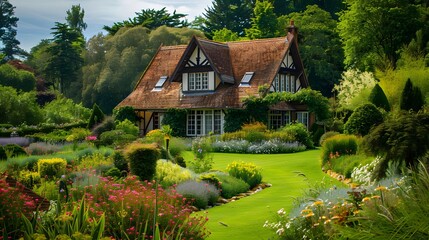 Obraz premium Cottage lush garden scenic landscape cozy house vibrant flowers greenery