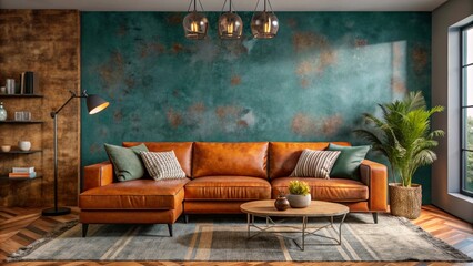 Sofa near grunge teal stucco wall with copy space. Loft interior design of modern living room.
