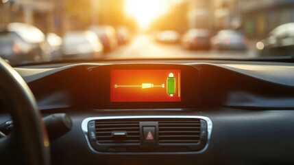 Dashboard of an electric car showing battery levels with copy space. Bright light. Interior background