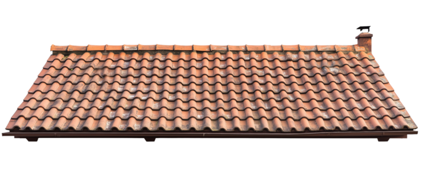 Tile roof with terracotta shingles and chimney situated against a transparent background showcasing architectural detail