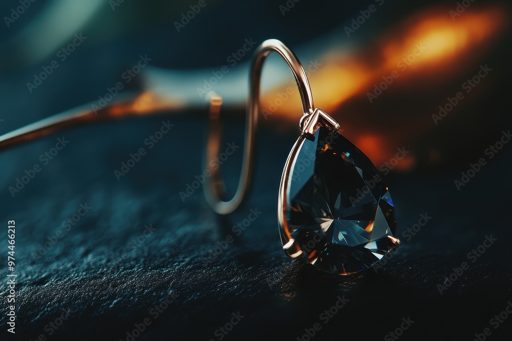 Poster a close-up of a teardrop-shaped earring with a sparkling gemstone on a dark surface.