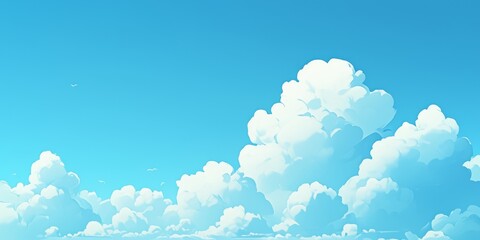 Cartoon Sky with White Clouds and Simple Flat Illustration Style, Featuring Blue Background, Gradient Colors