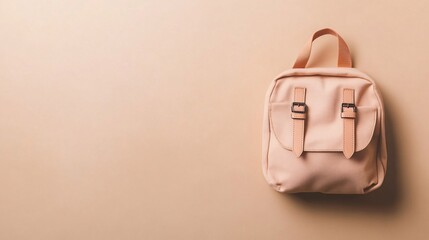 Stylish pink backpack lying on matching background